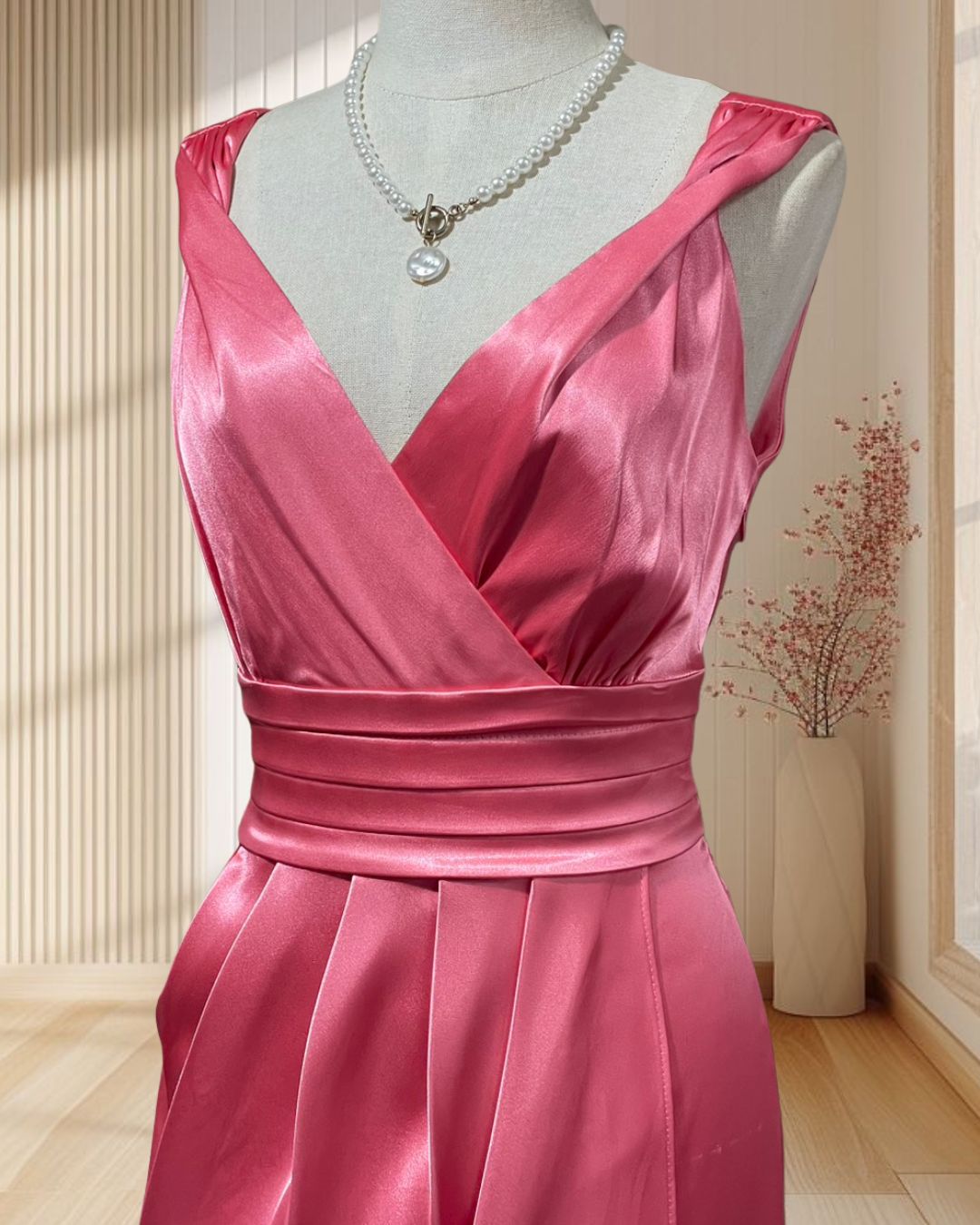 (PRE-LOVED) ชุดราตรีสั้นสีชมพู แขนกุดคอวี ผ้าเงา ไซส์ L