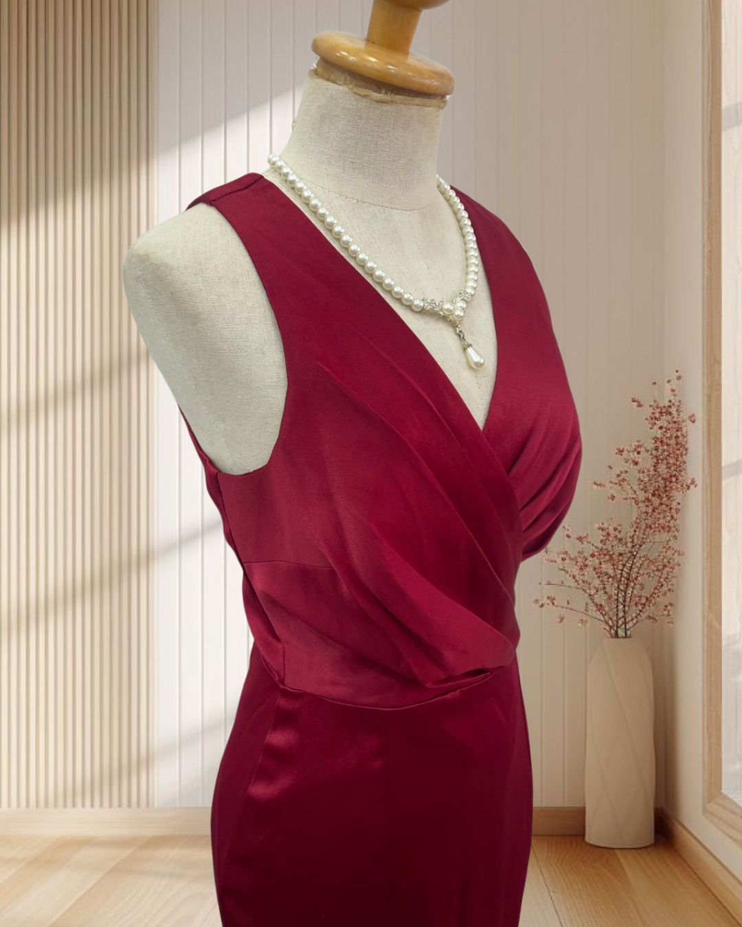 (PRE-LOVED) ราตรียาวสีแดงแขนกุดคอวี (M)