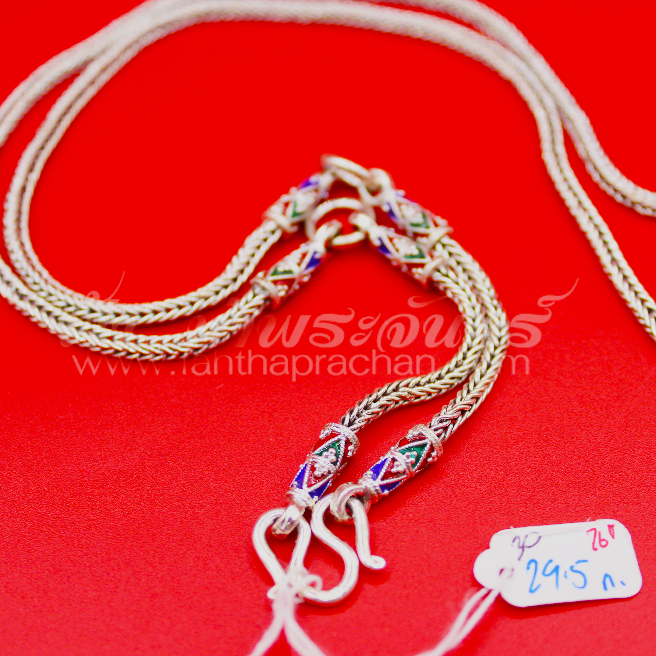 สร้อยคอเงินแท้ 92.5 ลายสี่เสา หัวจรวดลงยา รมดำ แบบ 3 ห่วง