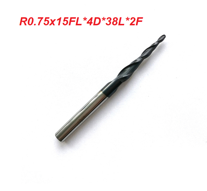 RO.75*15*4*38 Tungsten carbide TiAlN Coated 2 flutes Tapered Ball Nose End Mills HRC55
