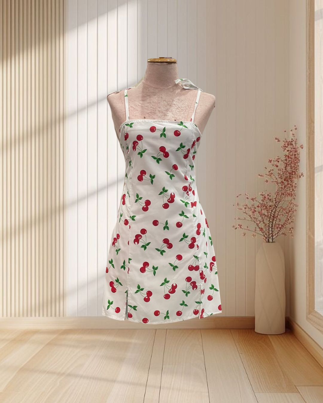 (PRE-LOVED) มินิเดรสสั้นสีขาว ลายเชอร์รี่ สายเดี่ยวผูกโบว์ ไซส์ S