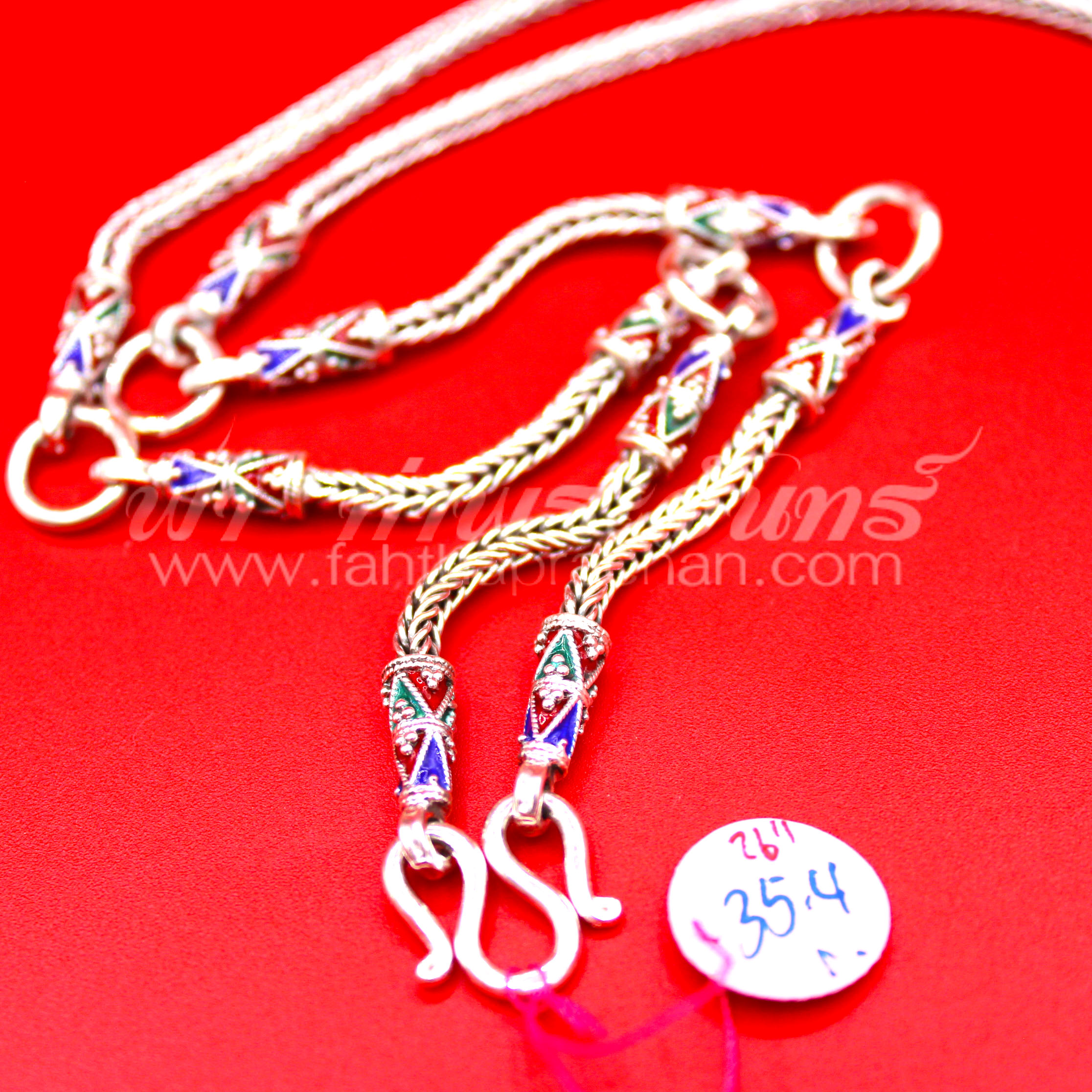 สร้อยคอเงินแท้ 92.5 ลายสี่เสา หัวจรวดลงยา รมดำ แบบ 5 ห่วง