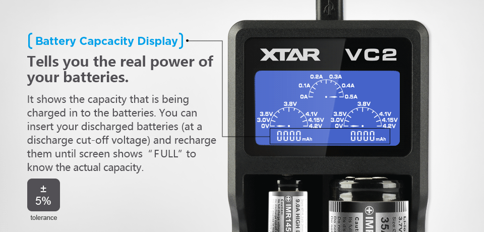 ที่ชาร์จแบตเตอรี่ XTAR VC2 USB LCD Battery Charger แสดงความจุ mAh ได้ สำหรับแบต 3.7v ของแท้ 100% สำหรับ 26650 18650 14500