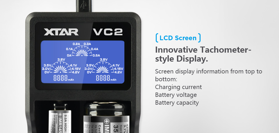 ที่ชาร์จแบตเตอรี่ XTAR VC2 USB LCD Battery Charger แสดงความจุ mAh ได้ สำหรับแบต 3.7v ของแท้ 100% สำหรับ 26650 18650 14500