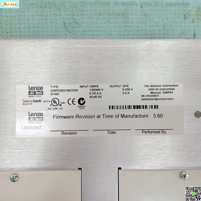 Servo Driver Lenze รุ่น E94P020S1NEX525 + E94ZATB02 & TPM Rotary Servo Actuator รุ่น A51-0001323