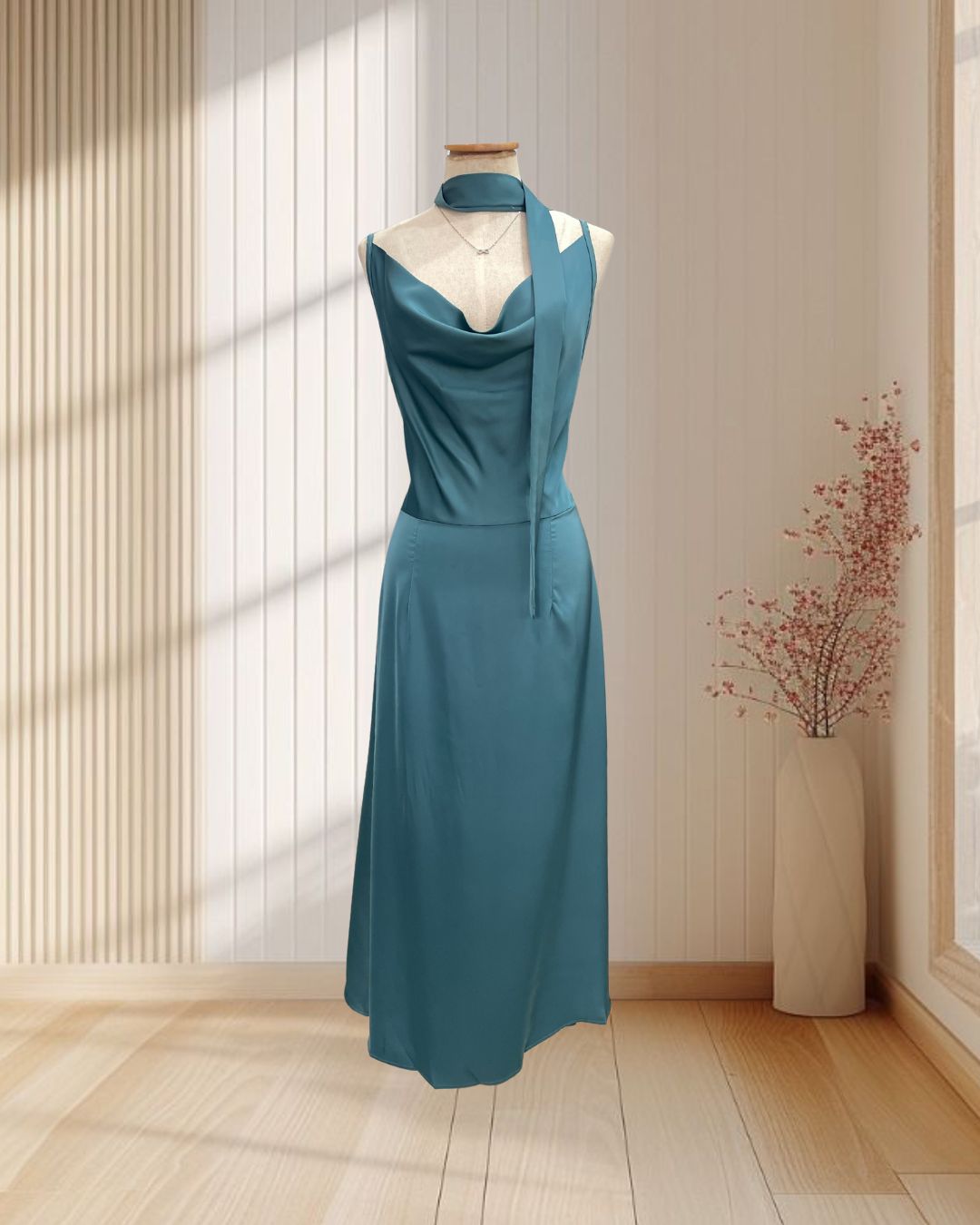 ราตรียาว สีฟ้าน้ำทะเล สายเดี่ยวคอถ่วง พร้อมผ้าพันคอ ไซส์ L