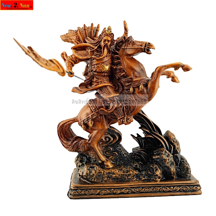 เทพเจ้ากวนอู ทรงม้าศึกเซ็กเธาว์ เรซิ่น สูง12 นิ้ว 1,690 บาท (เรซิ่นลายไม้)