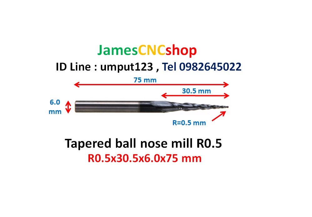 R0.5x30.5xD6x75 mm Tapered ball nose end mill TiAlN Carbide coat