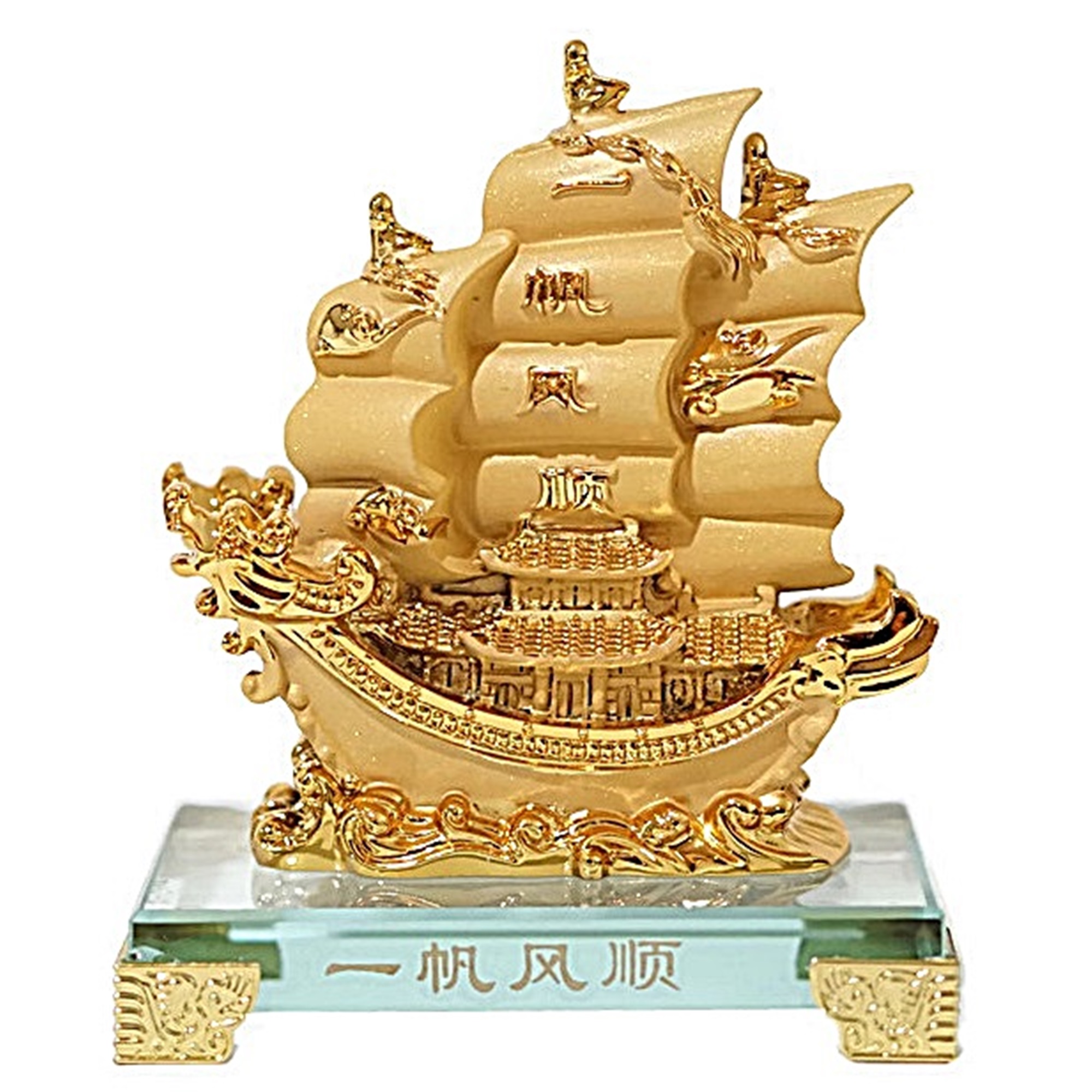 เรือสำเภาหัวมังกรคู่ ทรายทอง ฐานคริสตัล