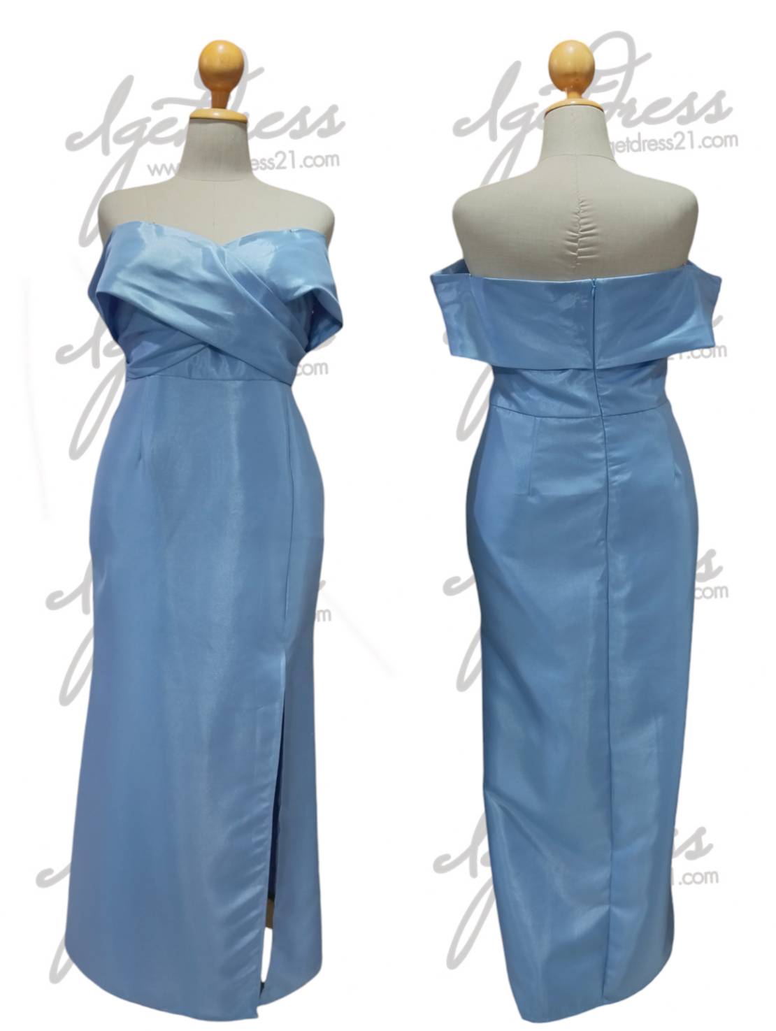 (PRE-LOVED) ชุดราตรียาวmaxiสีฟ้า ปาดไหล่กระโปรงผ่าหน้า (4XL) มือ2