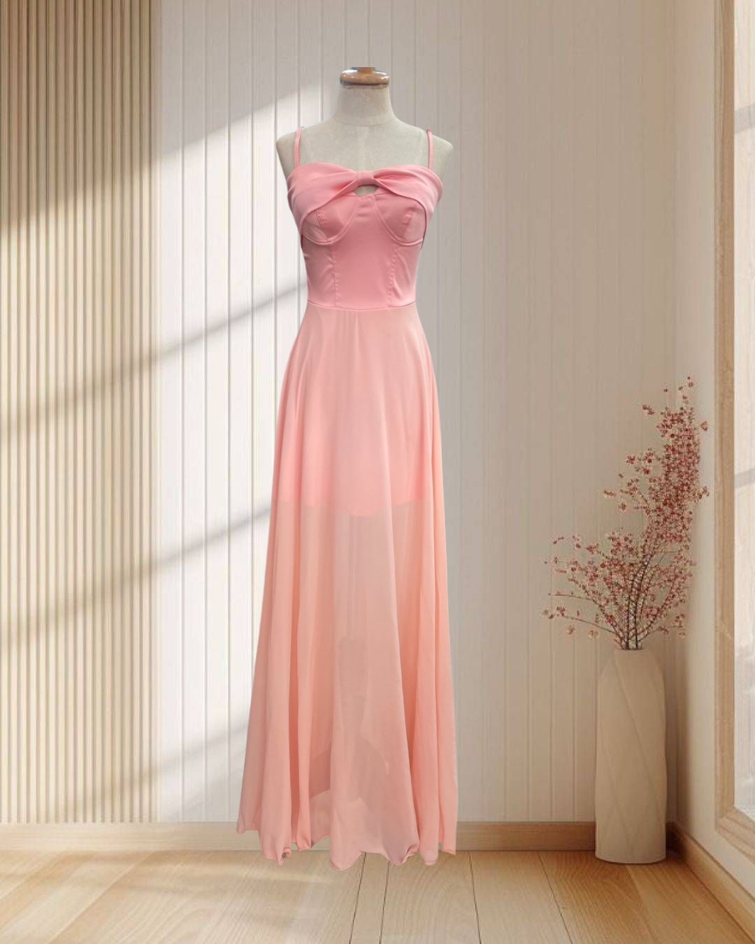 เดรสยาวสีโอรส สายเดี่ยวปรับได้ แต่งโบว์ด้านหน้า เซ็กซี่เล็กๆ ไซส์ S