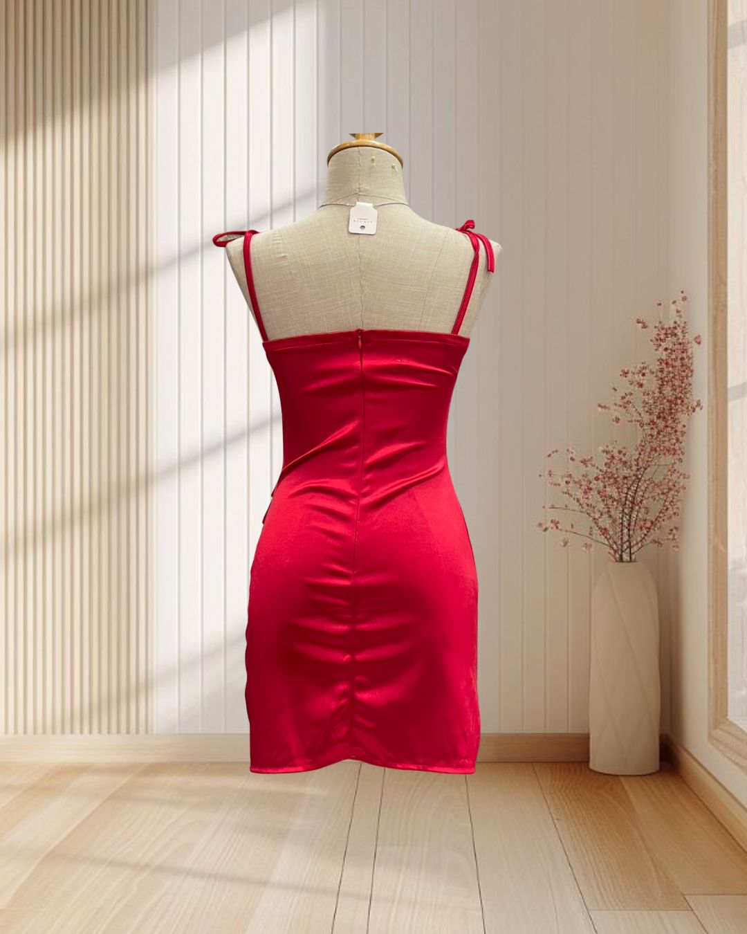 เดรสสั้นสีแดง ผ้ายืด แต่งสายเดี่ยวผูกโบว์ รัดรูป ไซส์ S
