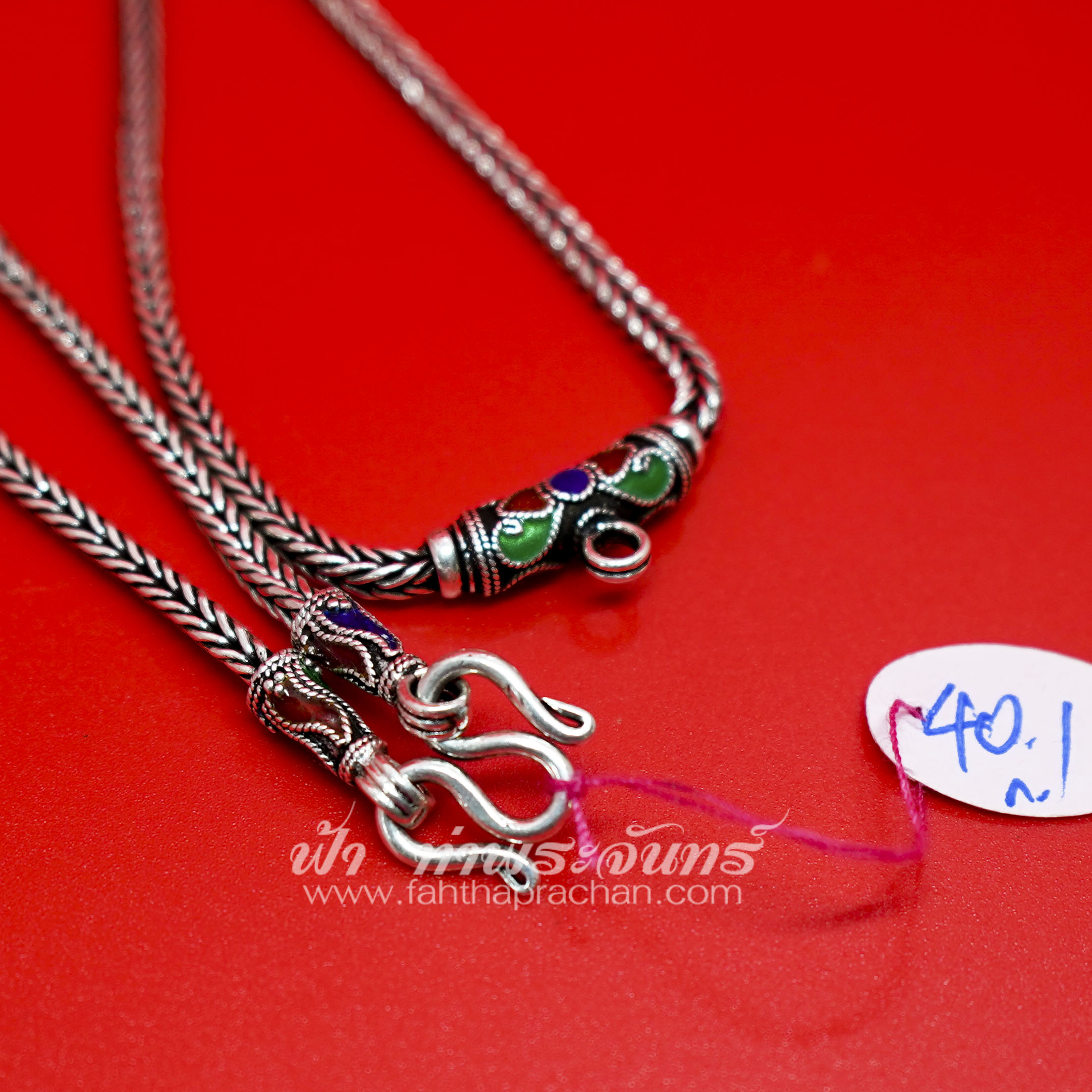 สร้อยคอเงินแท้ 92.5 ลายสี่เสา หัวจรวด ลงยา รมดำ มีห่วงหลัง