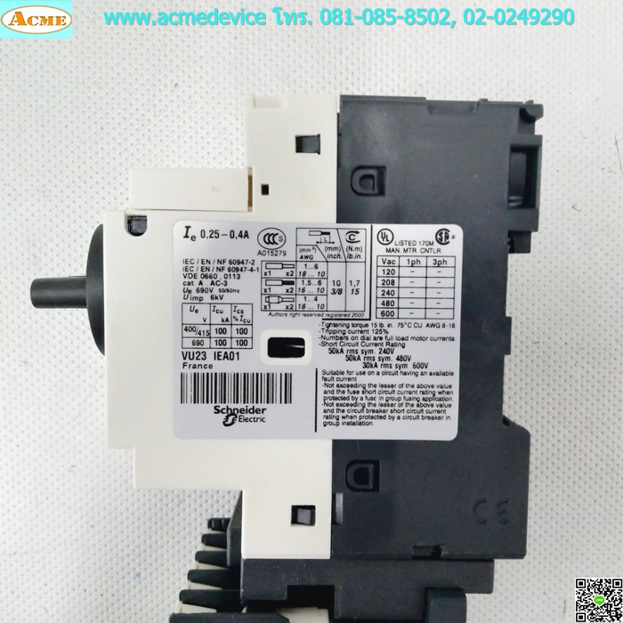 Motor Circuit Breaker Telemecanique รุ่น GV2-P03, Current Rating 0.25-0.4A, 690V, 6kV, 3Poles, + GVAD1001 พร้อม Magnetic Contactor Telemecanique รุ่น LP1K0610BD , Current Rating 6A, Coil 24Vdc