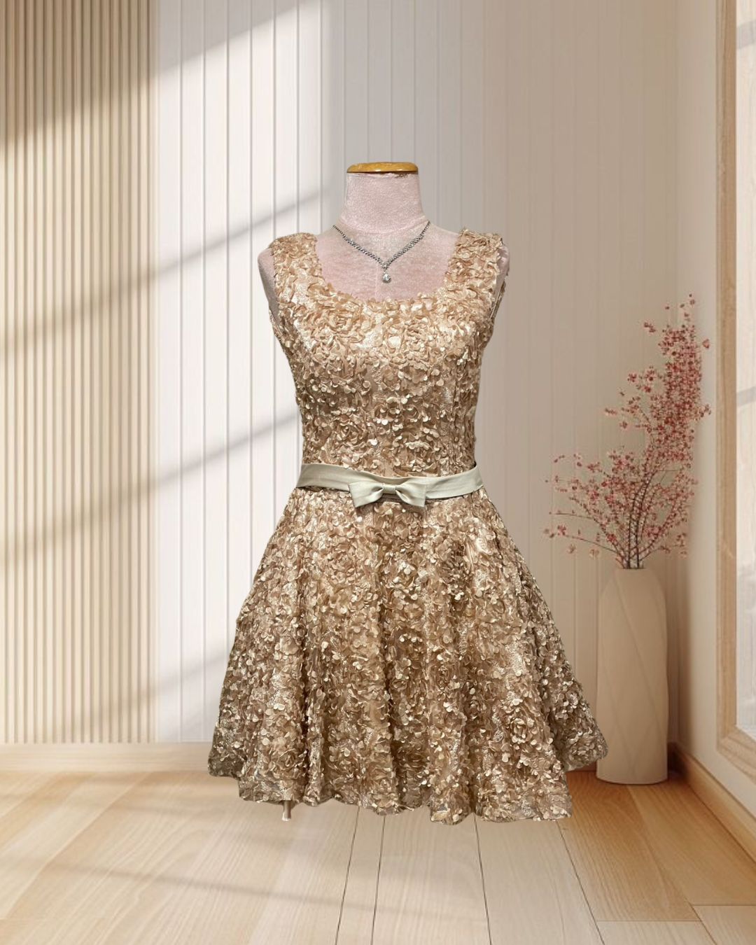 (PRE-LOVED) ราตรีสั้นสีน้ำตาล แขนกุดสานหลัง งานปักผ้า 3D หมีเนย ไซส์ M