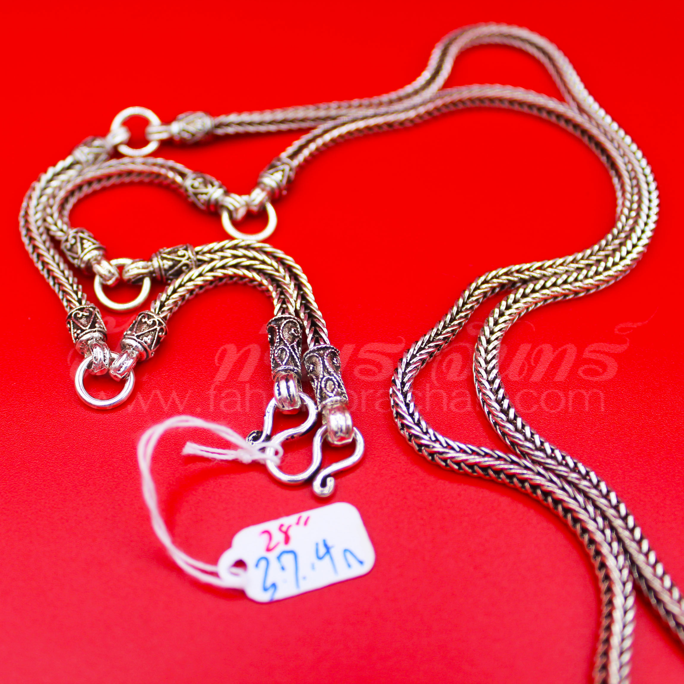 สร้อยคอเงินแท้ 92.5 ลายสี่เสา หัวจรวด รมดำ แบบ 5 ห่วง