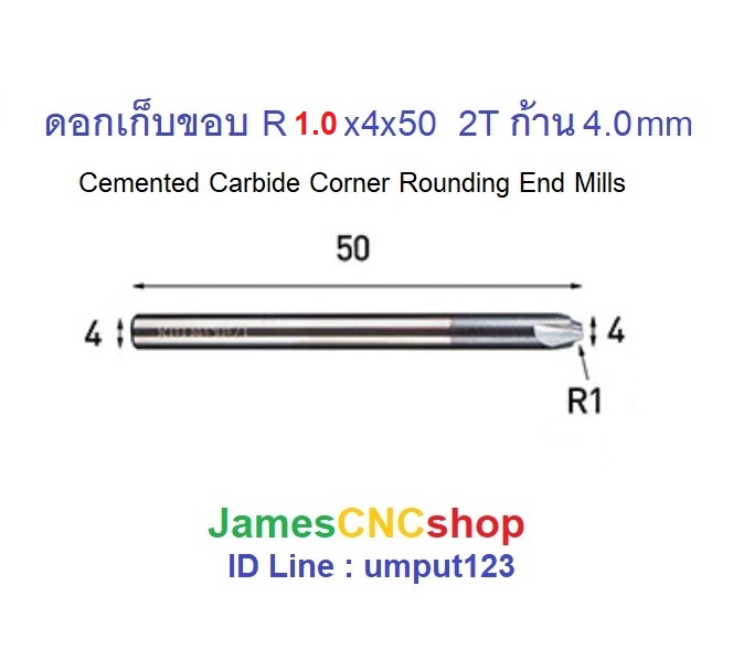 ดอกเก็บขอบ R1.0x4x50 2T ก้าน 4.0 mm Cemented Carbide Corner Rounding End Mills