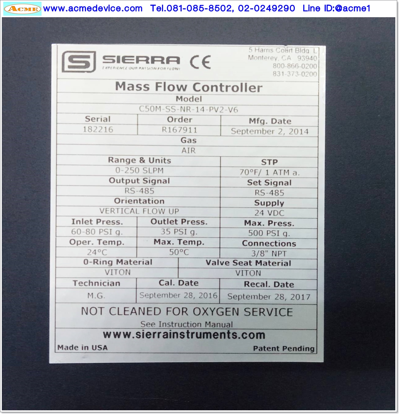 Flow Controller Smart Trak รุ่น C50M-SS-NR-14-PV2-V6, Range 0-250 SLPM, 24 Vdc, RS-485 addressable (no analog output)