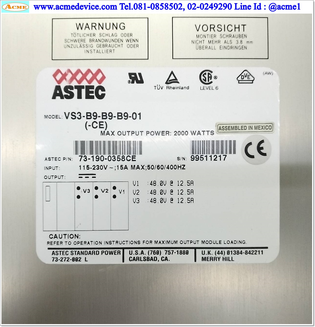 Power Supply ASTEC รุ่น VS3-B9-B9-B9-01(-CE), Output 48V, 12.5A (50V, 12A)