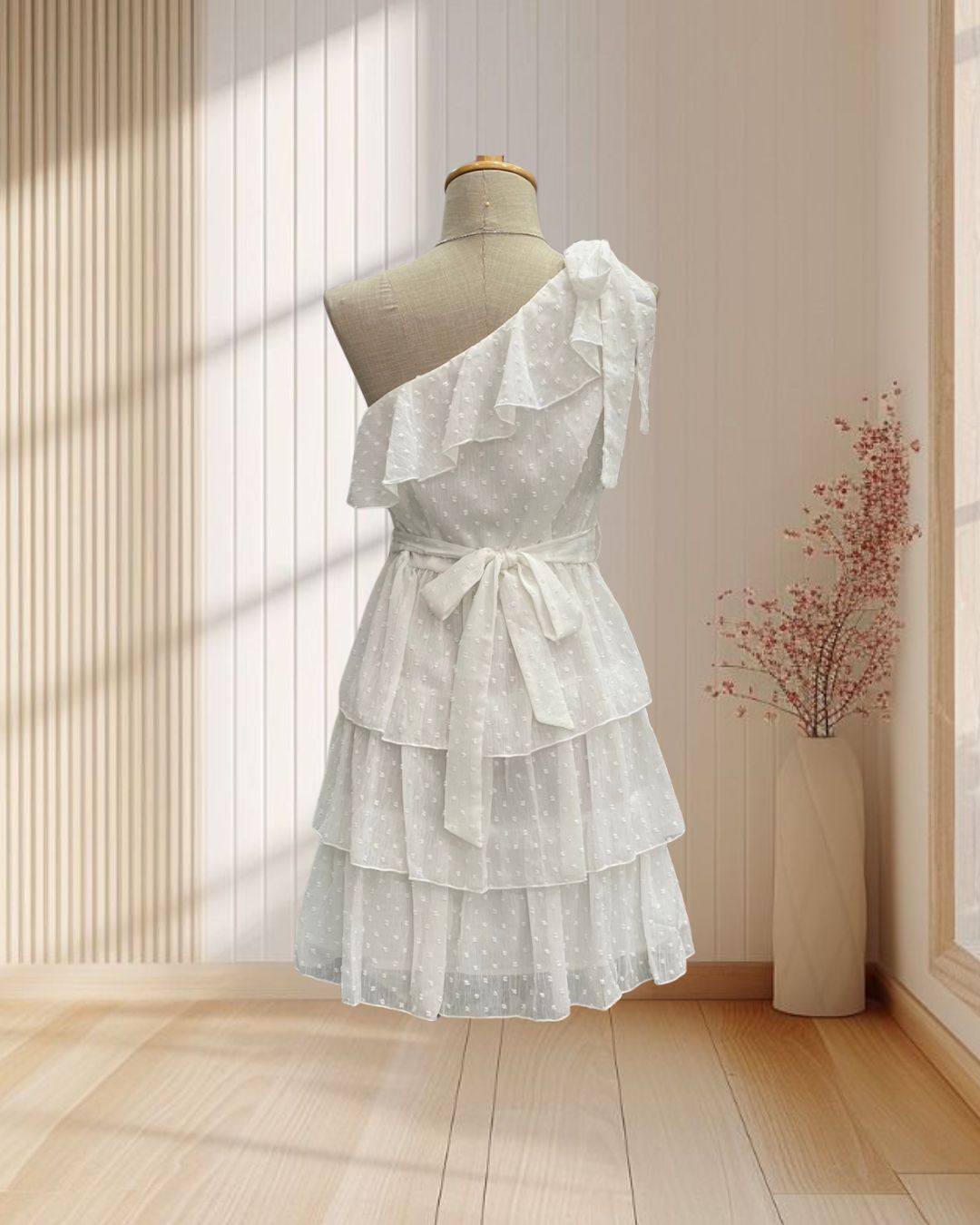 เดรสสั้น สีขาว บ่าเฉียงผูกโบว์ ผ้าลายจุด กระโปรงระบาย พร้อมสายผูกเอว ไซส์ M