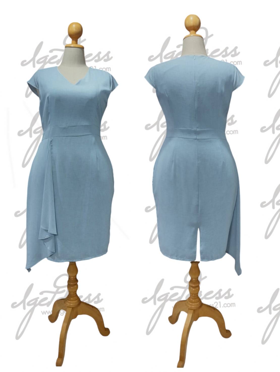 (PRE-LOVED) ราตรีสั้นสีฟ้า จีบข้าง (3XL) มือ2