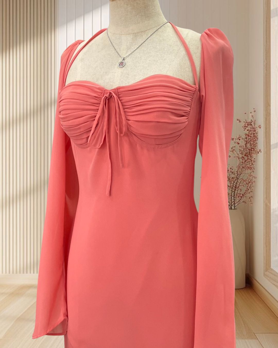 (PRE-LOVED) ราตรียาวสีส้ม แขนยาวผ้าชีฟอง เซ็กซี่ ไซส์ S