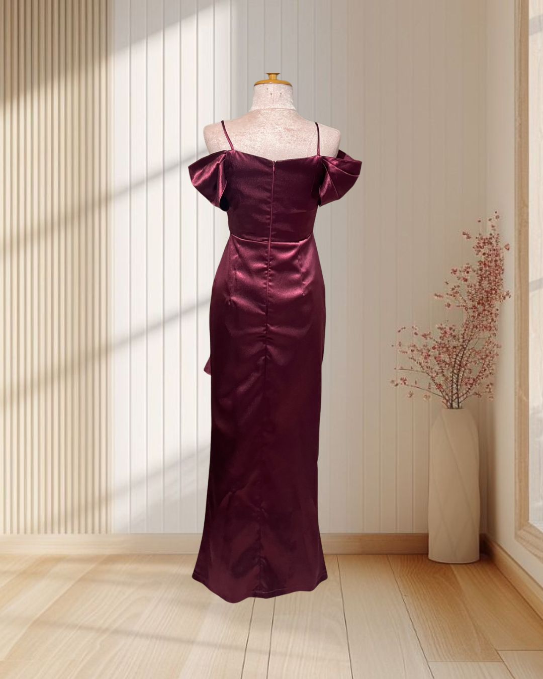 (PRE-LOVED) ราตรียาวสีแดง จีบข้างแขนสั้น ระบายเอว ไซส์ S