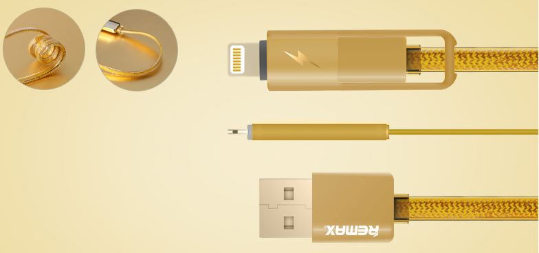 สายเคเบิ้ล 2in1 High-Speed REMAX แท้ สีทองสายถัก (1เมตร)