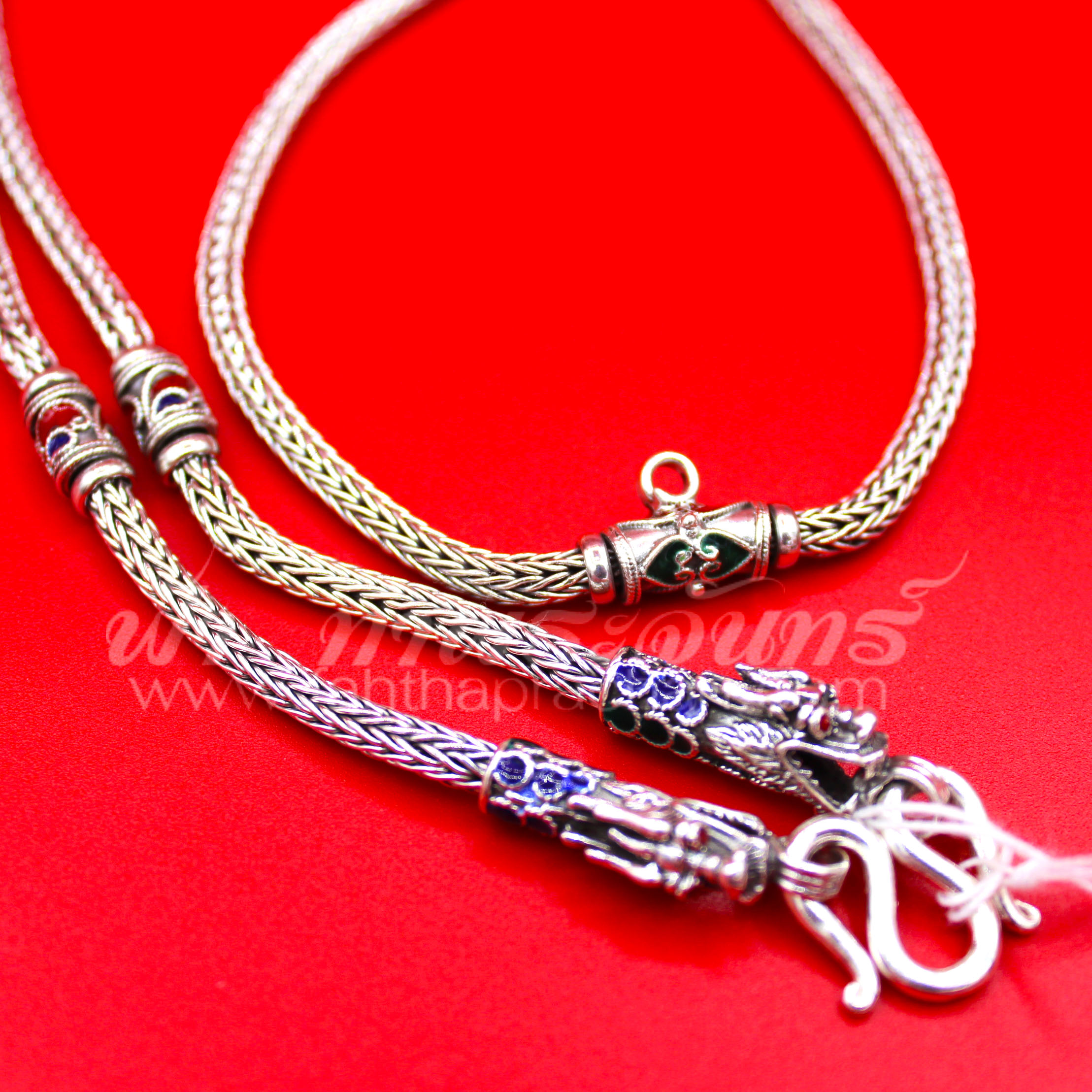 สร้อยคอเงินแท้ 92.5 ลายหกเสา หัวมังกรลงยา รมดำ แบบห่วงเดียว มีห่วงหลัง