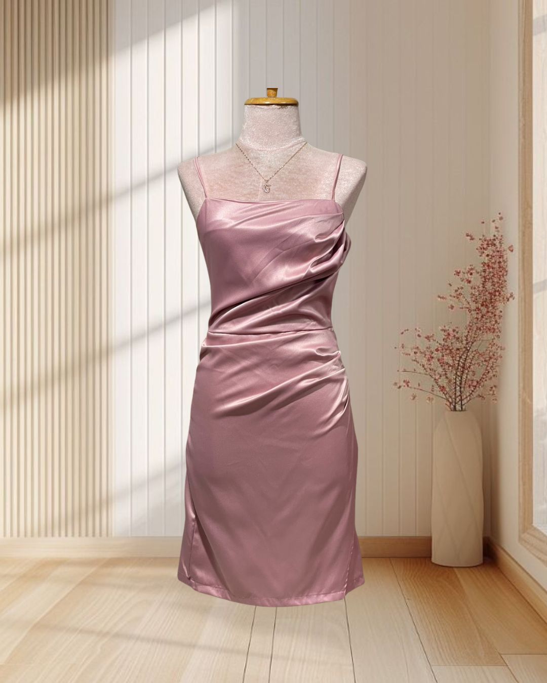 (PRE-LOVED) ชุดราตรีสั้นสายเดี่ยวจับจีบ สีชมพู ไซส์ XS