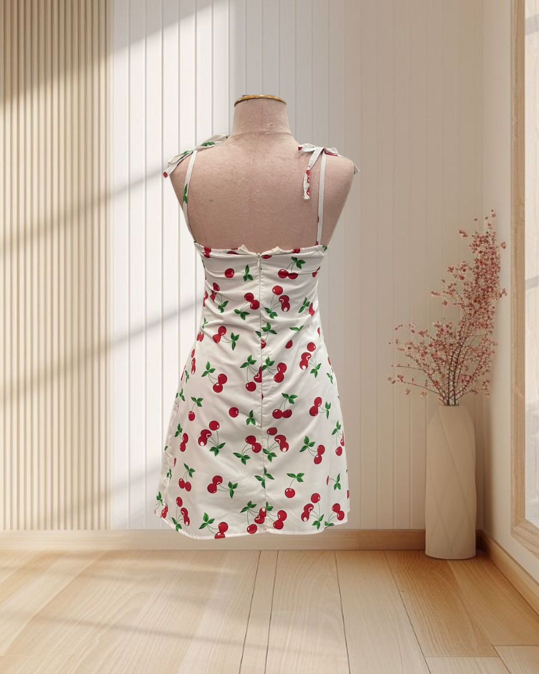 (PRE-LOVED) มินิเดรสสั้นสีขาว ลายเชอร์รี่ สายเดี่ยวผูกโบว์ ไซส์ S
