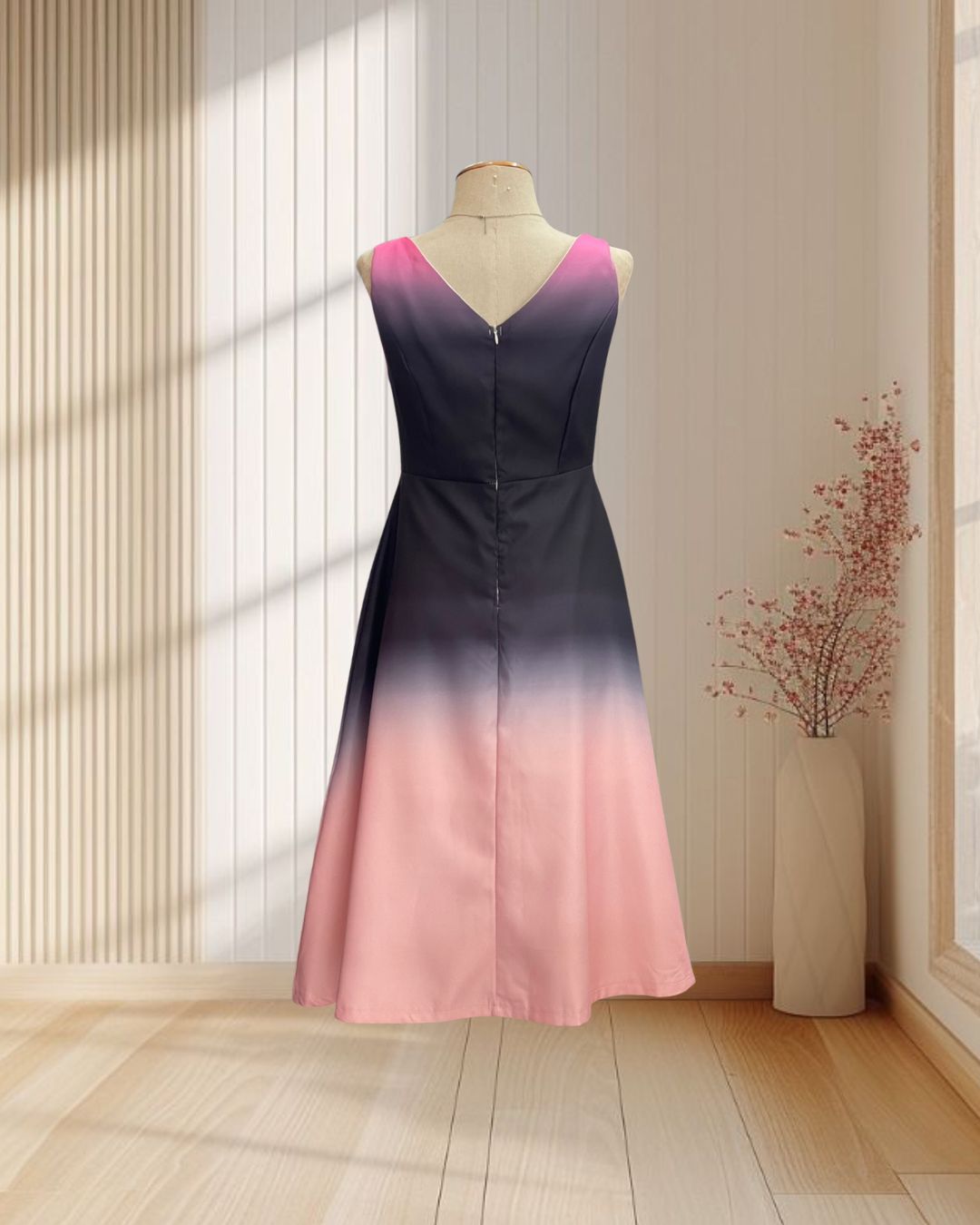 (PRE-LOVED) ราตรีสั้นสีชมพูเฟดดำ ออมเบร แขนกุด ไซส์ M