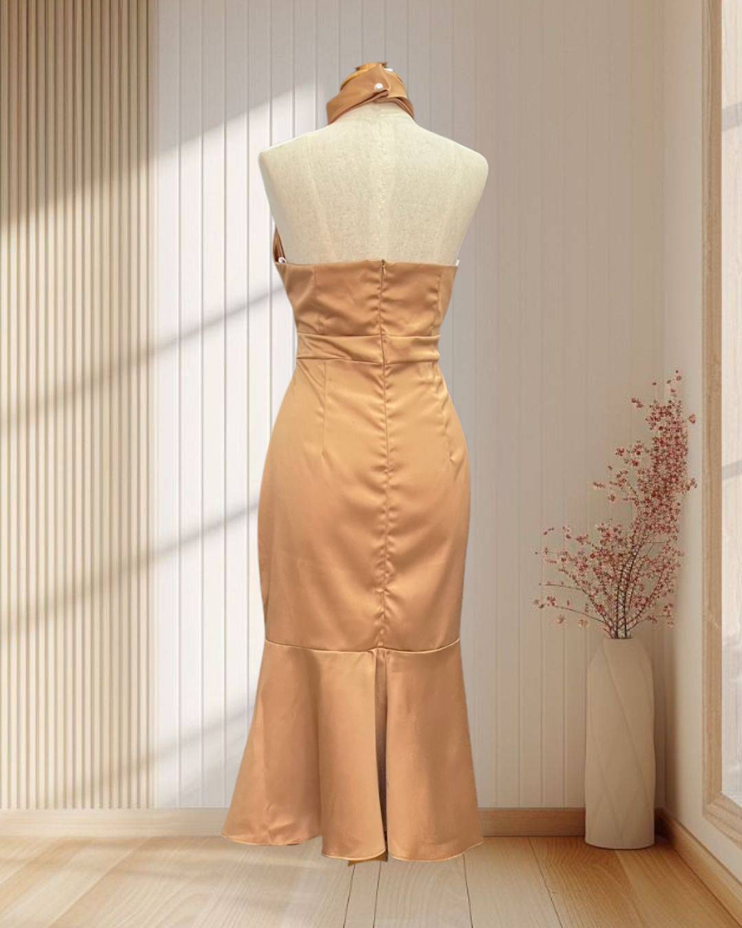 (PRE-LOVED) ราตรีสั้นสีทอง คอปีน โชว์หลัง กระโปรงบาน ไซส์ M