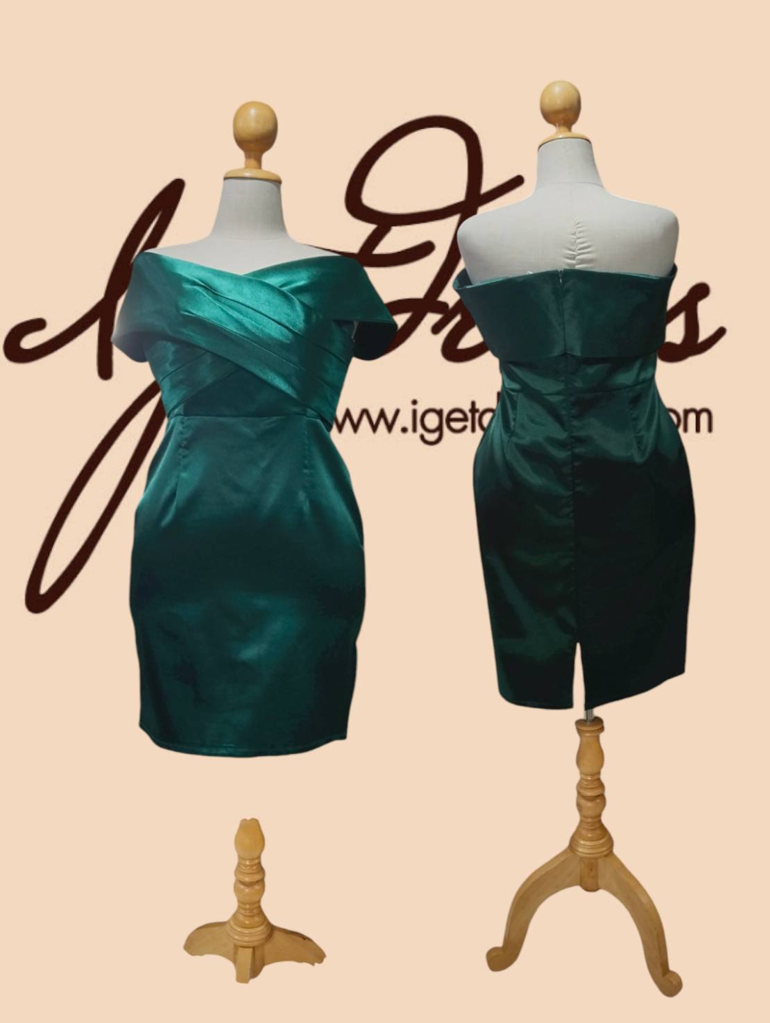 (PRE-LOVED) ชุดราตรีสั้นสีเขียวปาดไหล่อกไขว้ทรงสอบ (2XL)