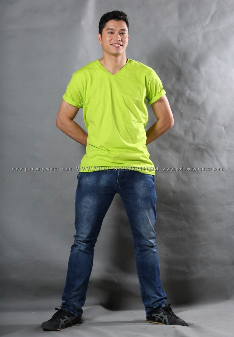 XL เสื้อยืด สีเขียวมะนาว คอวี แขนสั้น Size XL