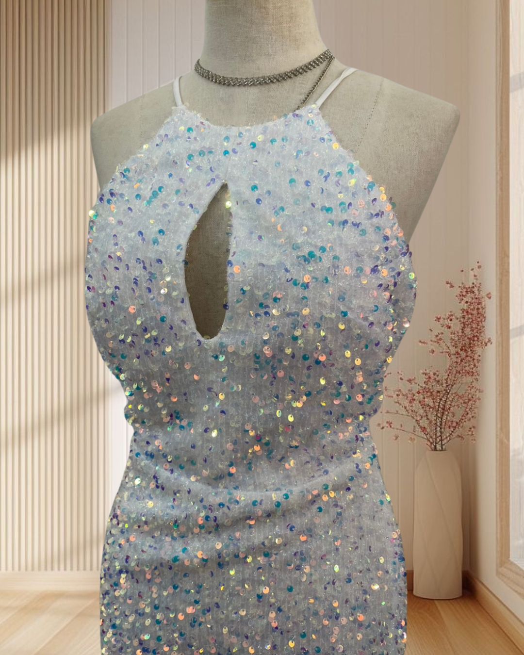 (PRE-LOVED) ราตรีสั้นสีขาว ปักเลื่อมสีโฮโลแกรม ฟูฟ่อง ฟรุ้งฟริ้ง เซ็กซี่ ขี้เล่น ไซส์ S