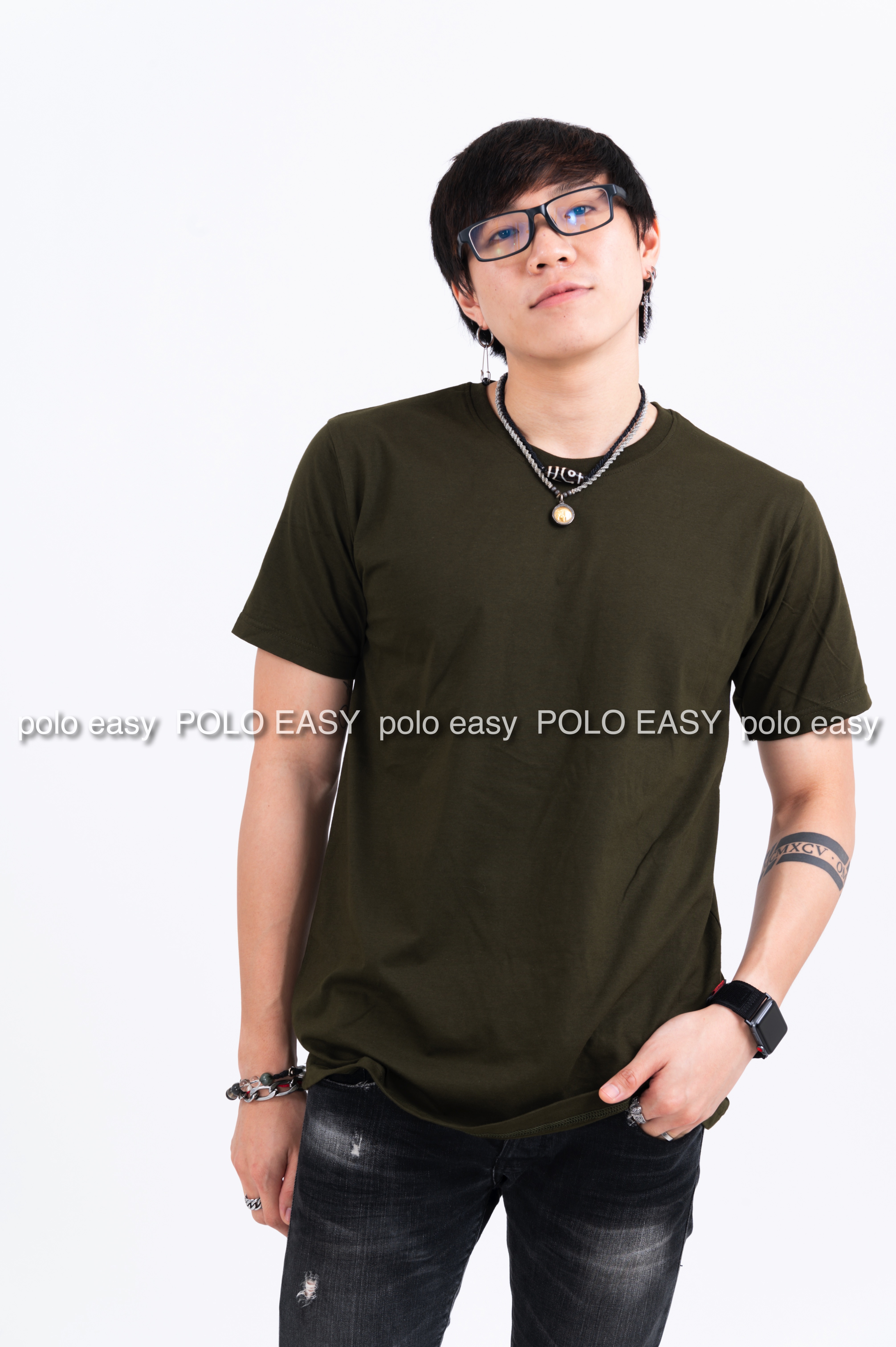 4XL เสื้อยืด สีเขียวขี้ม้า คอกลม แขนสั้น Size 4XL