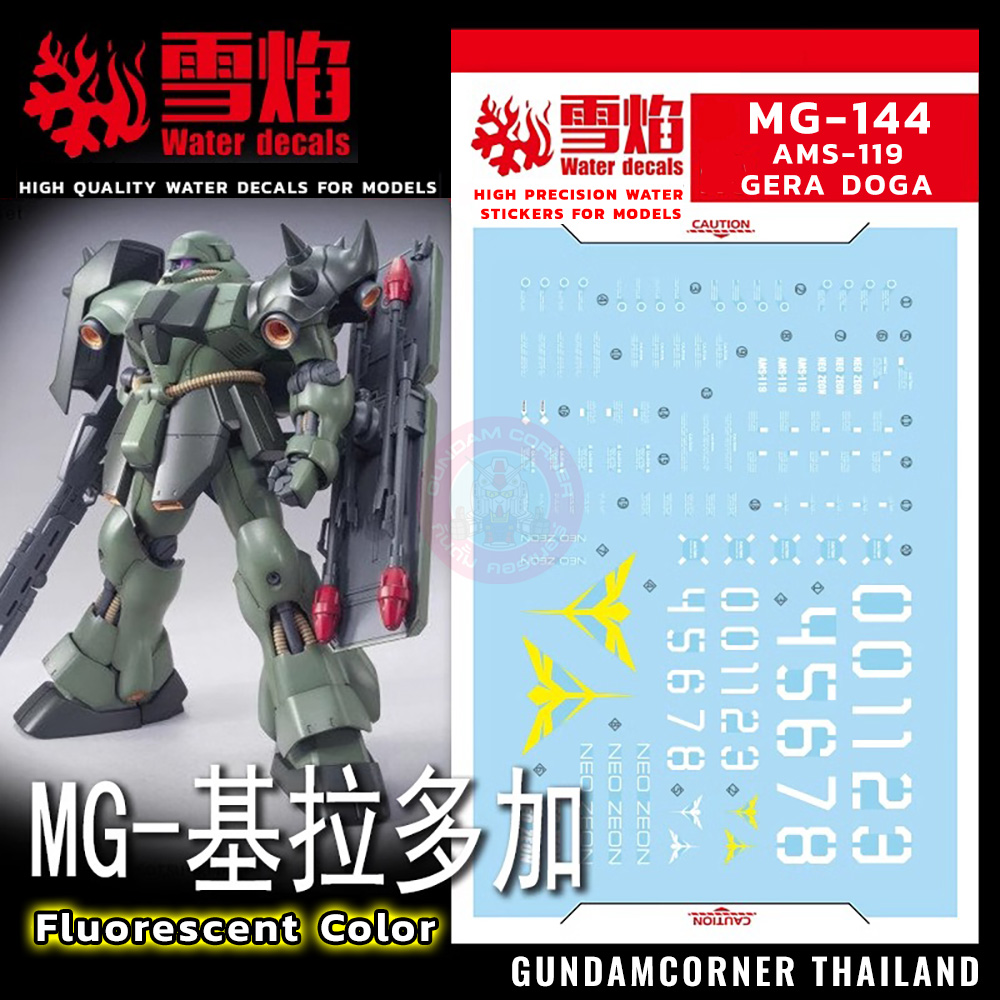 ดีคอลน้ำ MG AMS-119 GEARA DOGA MG-144 Water Decal Fluorescent color สติ๊กเกอร์น้ำสะท้อนแสงเมื่อส่องด้วย UV Blacklight