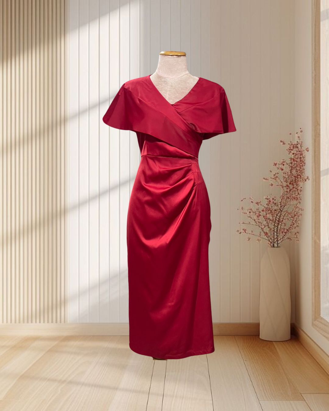 (NEW) ราตรีสั้น แต่งปกแขน ผ้าพรีเมียมซาติน จีบเอว ไซส์ L