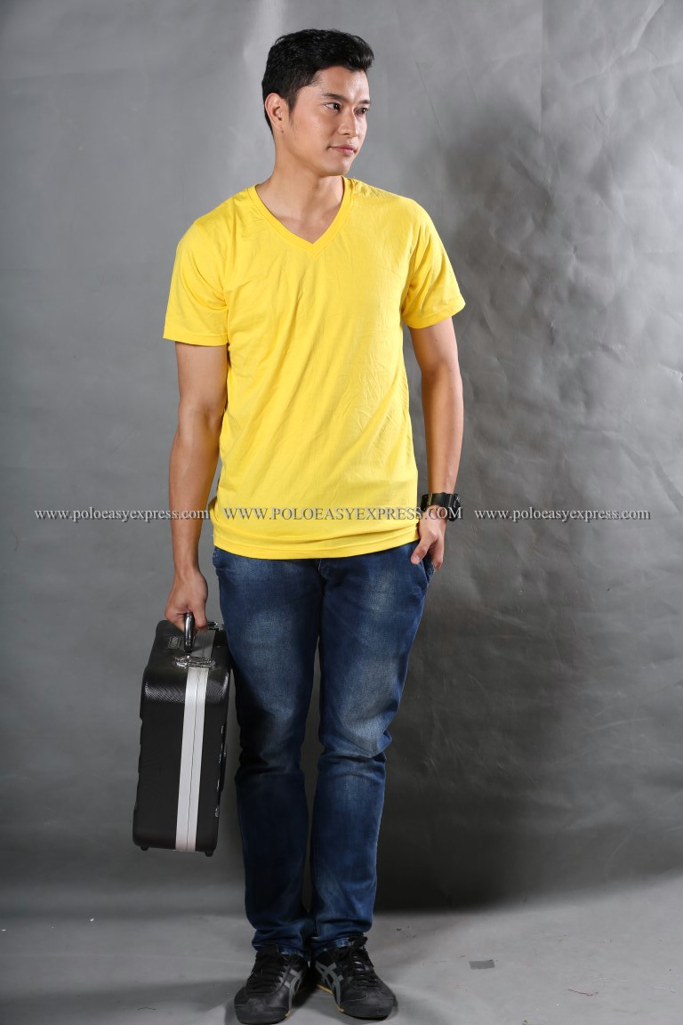 2XL เสื้อยืด สีเหลือง คอวี แขนสั้น Size 2XL