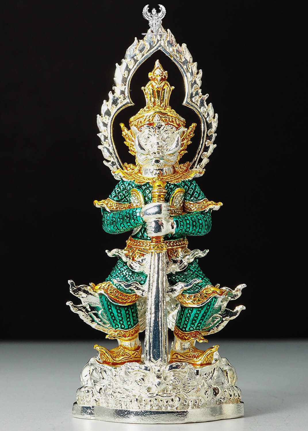 ท้าวเวสสุวรรณ. รุ่น คลังสมบัติ์ เนื้อสัมฤทธ์ชุบเงินลงยาสีเขียว