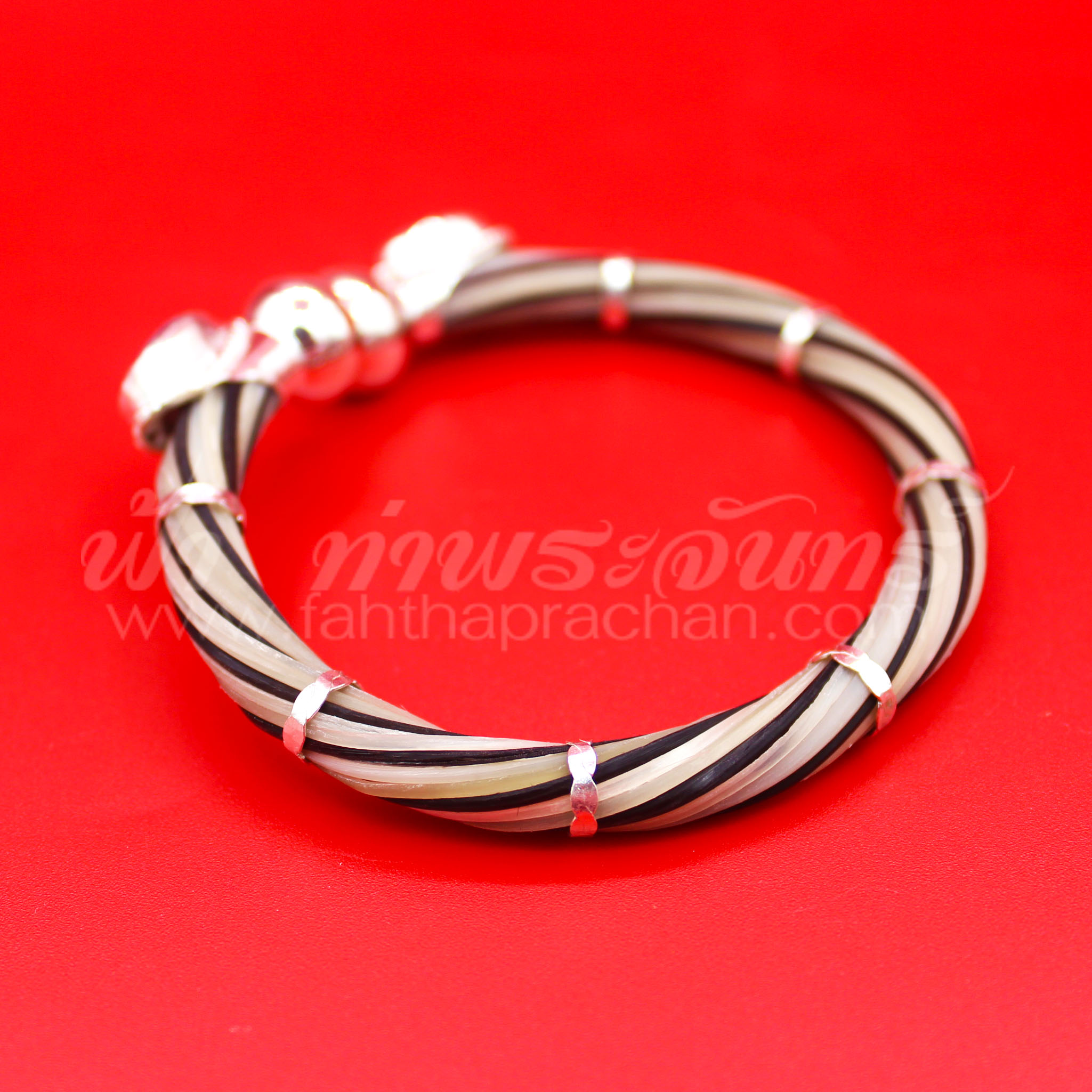 กำไลข้อมือหางช้างหุ้มเงินแท้ 92.5% หัวกลมฝังพลอยทับทิม