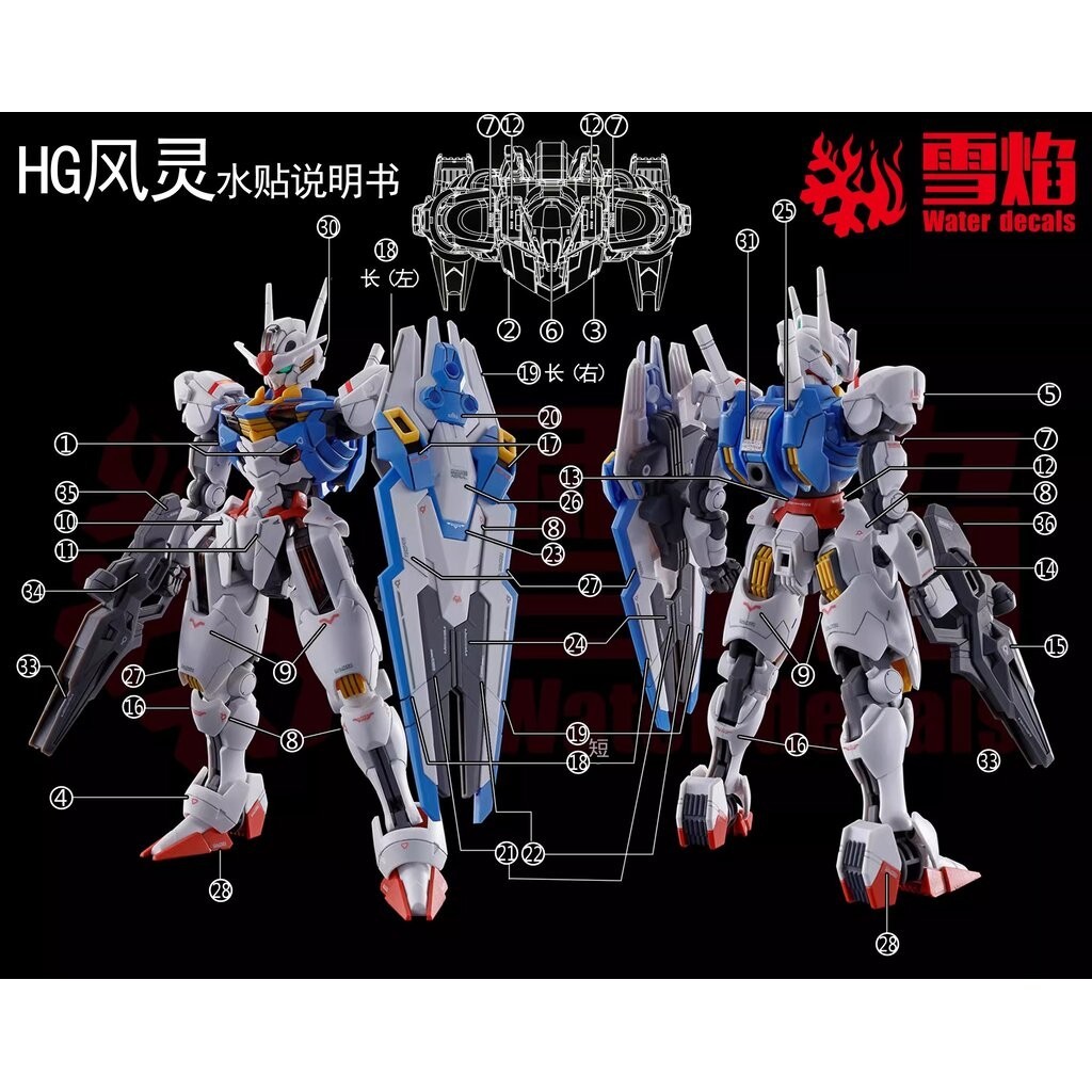 ดีคอลน้ำ HGTWFM GUNDAM AERIAL HG-53 Water Decal Fluorescent color สติ๊กเกอร์น้ำสะท้อนแสงเมื่อส่องด้วย UV Blacklight