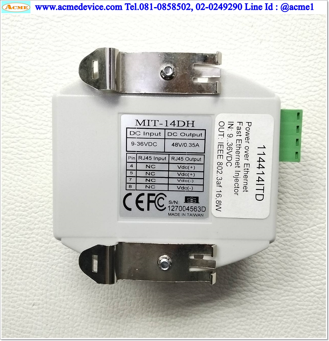 PoE Injector DC/DC รุ่น MIT-14DH, Output 48V, 0.35A