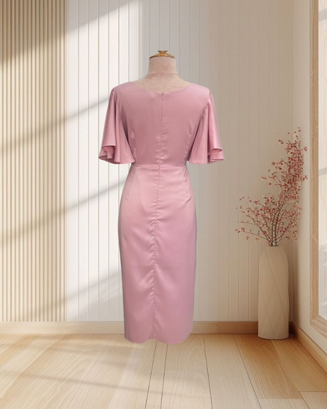 (PRE-LOVED) ราตรีสั้นสีชมพู คอวีแขนระบายผ้าเครปซาติน ไซส์ XL