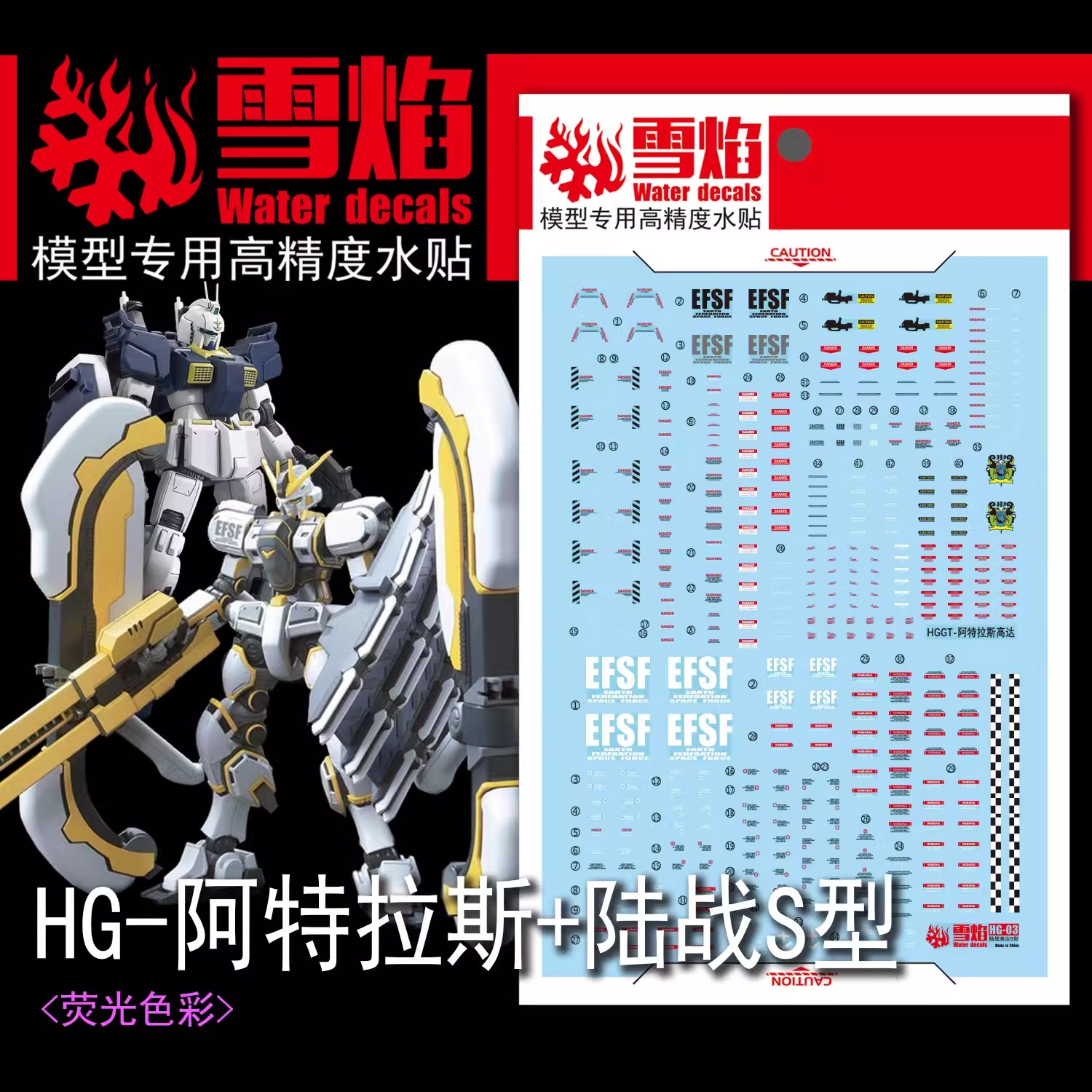ดีคอลน้ำ HG ATLAS THUNDERBOLT ANIME VER HG-03 Water Decal Fluorescent color สติ๊กเกอร์น้ำสะท้อนแสงเมื่อส่องด้วย UV Blacklight