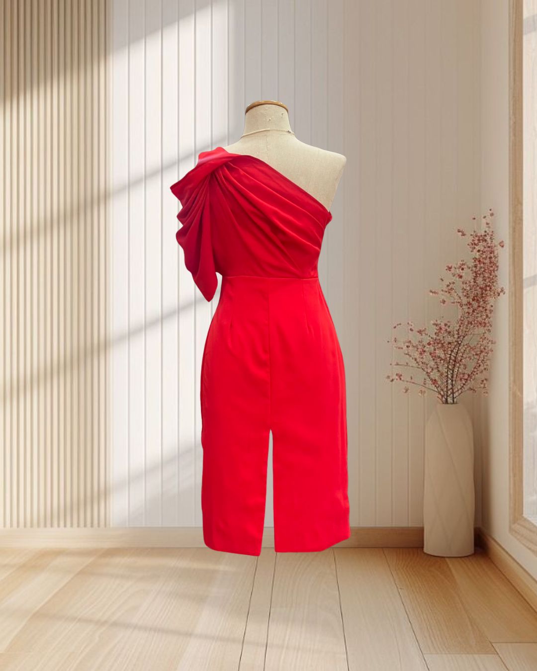 (PRE-LOVED) ราตรีสั้นสีแดงสด บ่าเฉียงแขนทิ้งตัวผ้าชีฟอง ไซส์ S