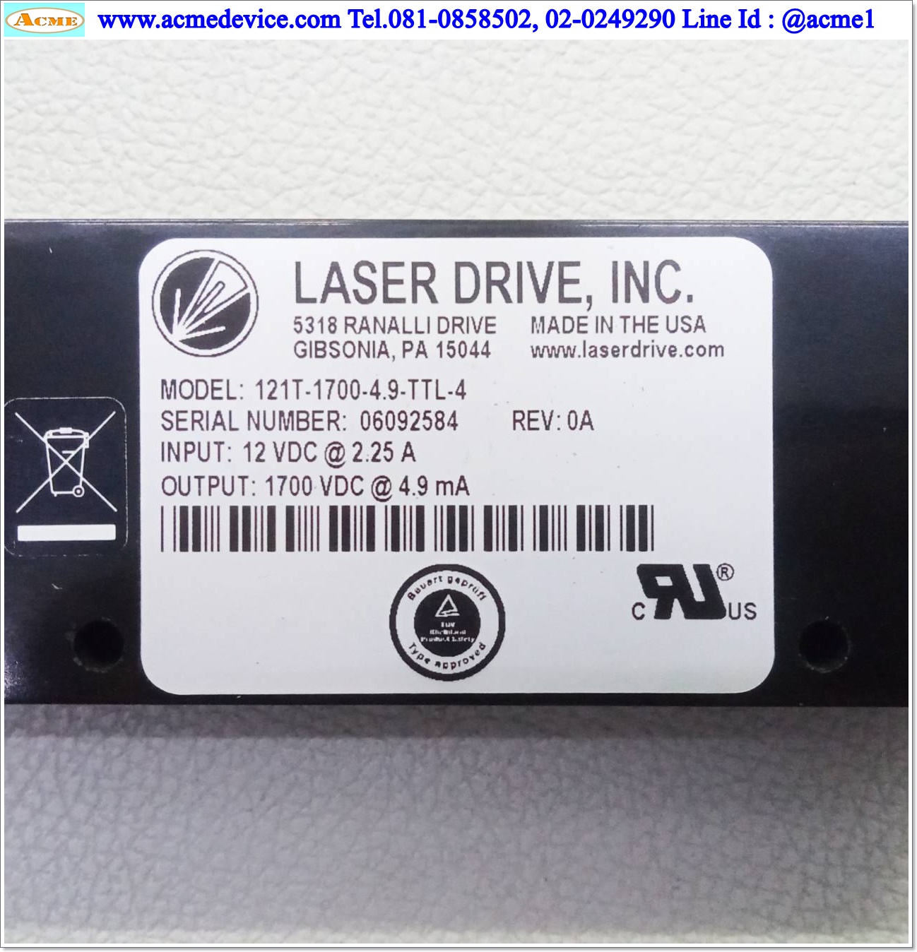 Laser Power Supply Laser Drive รุ่น 121T-1700-4.9-TTL-4, Output 1700Vdc, 4.9mA, Power Input 12Vdc