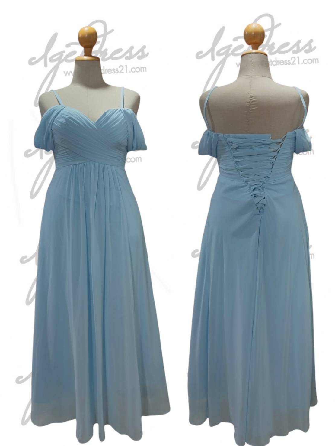 (PRE-LOVED) ชุดราตรียาวสายเดี่ยวชีฟองโอบแขน สีฟ้า 4XL