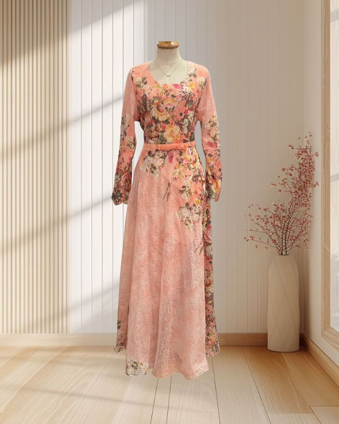 เดรสยาวสีโอรส ลายดอกไม้ พร้อมสายผูกโบว์ ฟรีไซส์ S, M, L